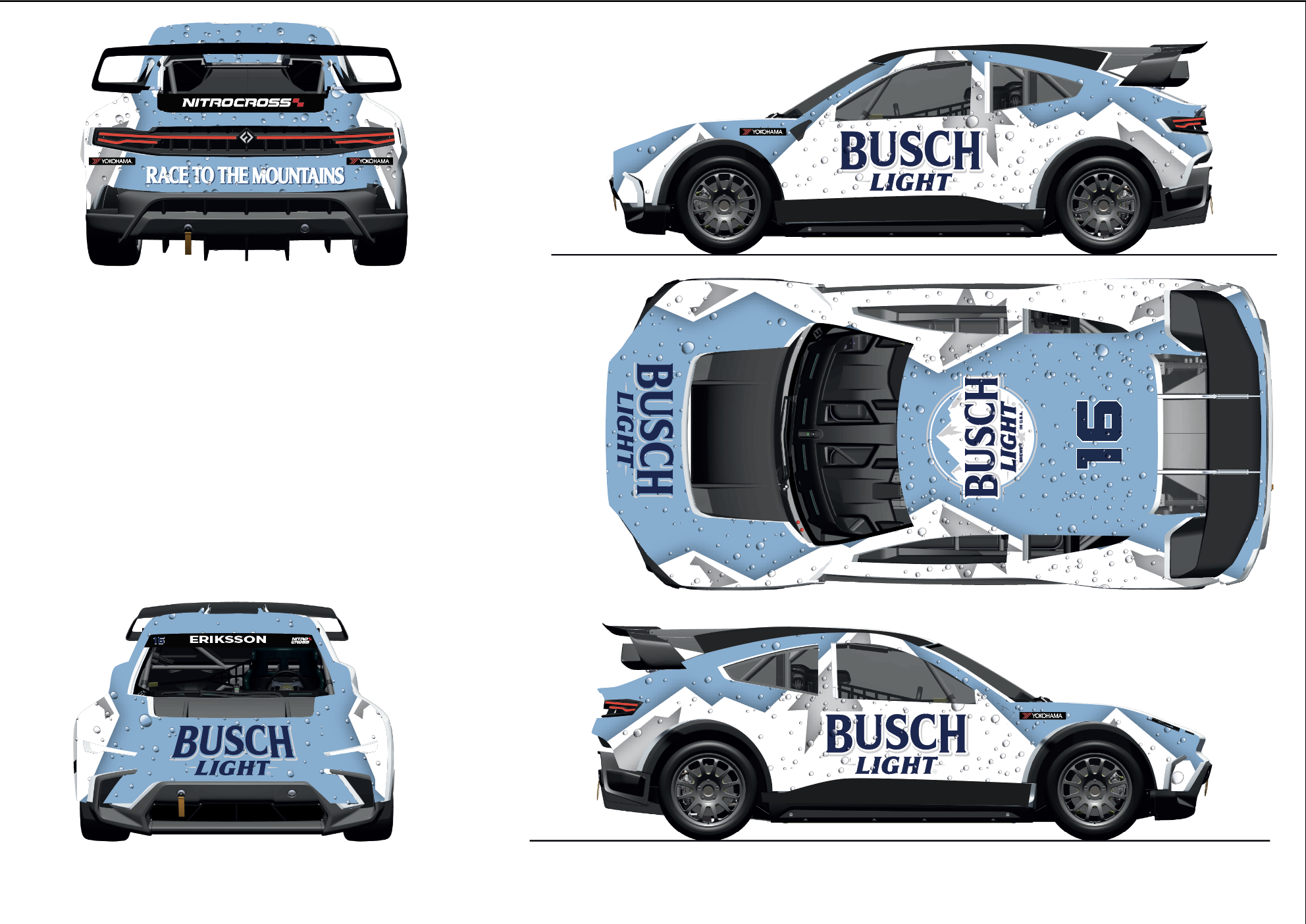 Designs of a race car with Sponsorship logos including Bush Light and Yokohama, shown from front, side, top, and back views.