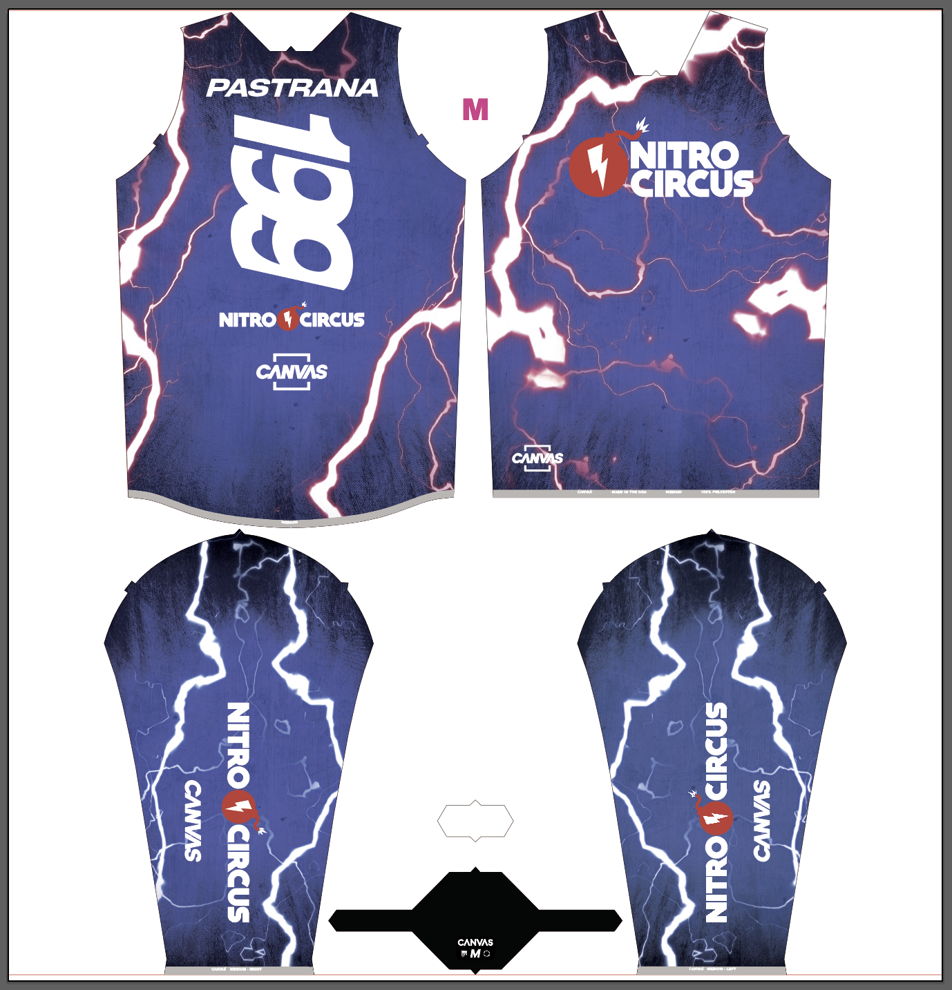 Design template for Nitro Circus jersey with lightning bolt graphics, featuring the Nitro Circus logo, the words  'Pastrana' and 'Canvas,' and branding elements.