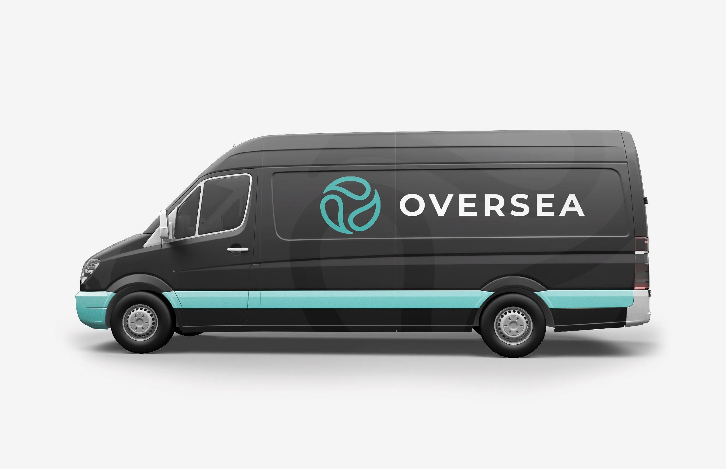 A black delivery van with teal accents and the logo 'OVERSEA' on the side.