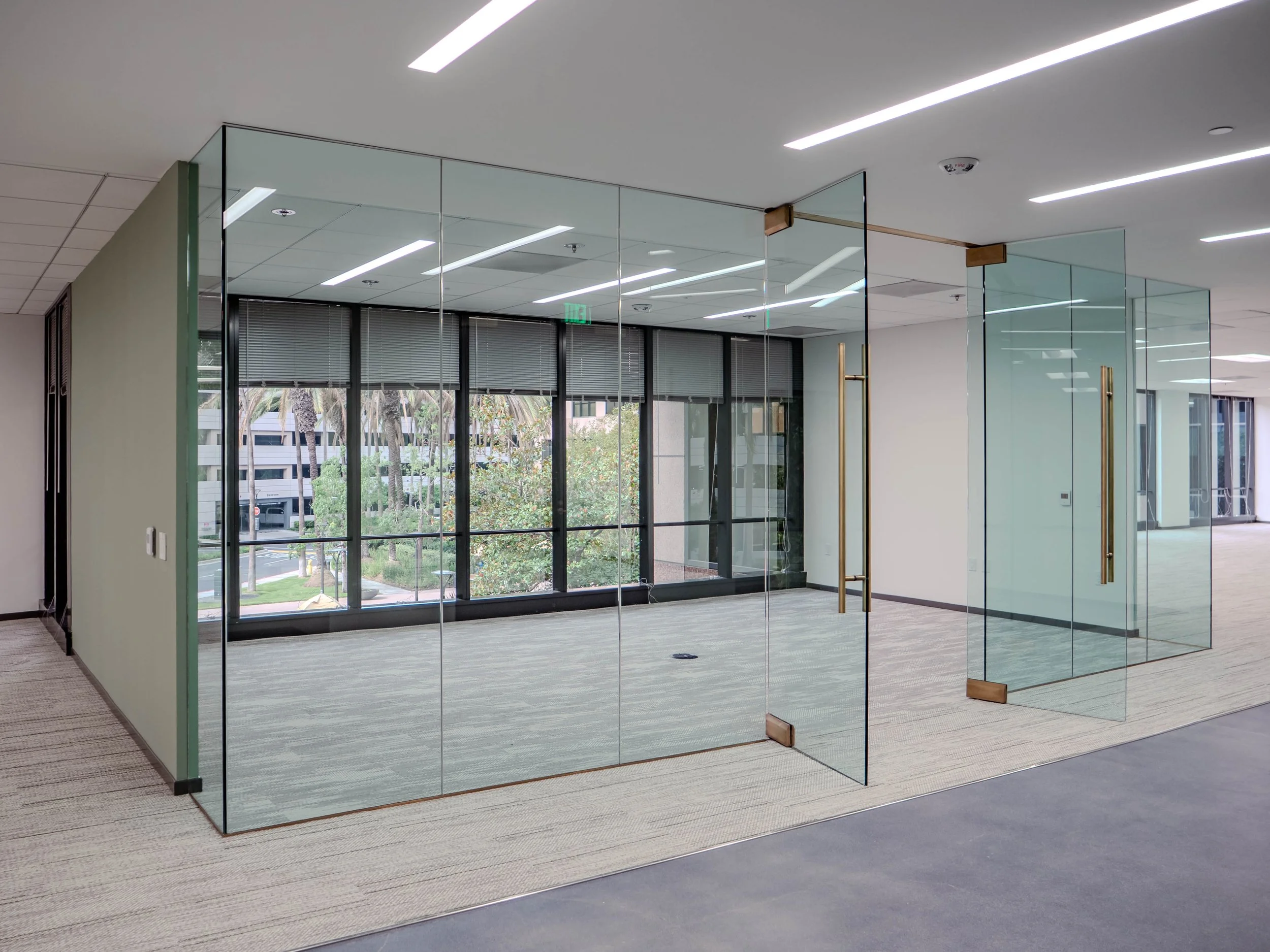 Modern office glass conference room with glass doors, view of indoor carpeting, large windows showing trees and a parking lot outside.