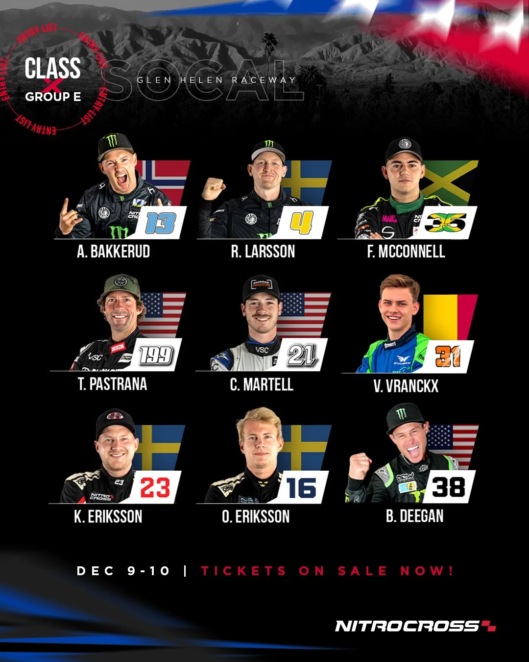 NitroCross racing event poster featuring nine racers with their flags, names, and numbers. Top row: A. Bakkerud from Norway, R. Larsson from Sweden, F. McConnell from Jamaica. Middle row: T. Pastrana from the USA, C. Martell from the USA, V. Vranckx from Belgium. Bottom row: K. Eriksson from Sweden, O. Eriksson from Sweden, B. Deegan from the USA. Details about event dates December 9-10 and tickets are on sale.