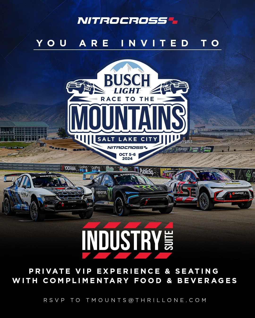 Invitation for the Busch Light Race to the Mountains event at Salt Lake City on October 5-6, 2024, featuring NitroCross racing cars and industry suite access with VIP experience, seating, and complimentary food and beverages.