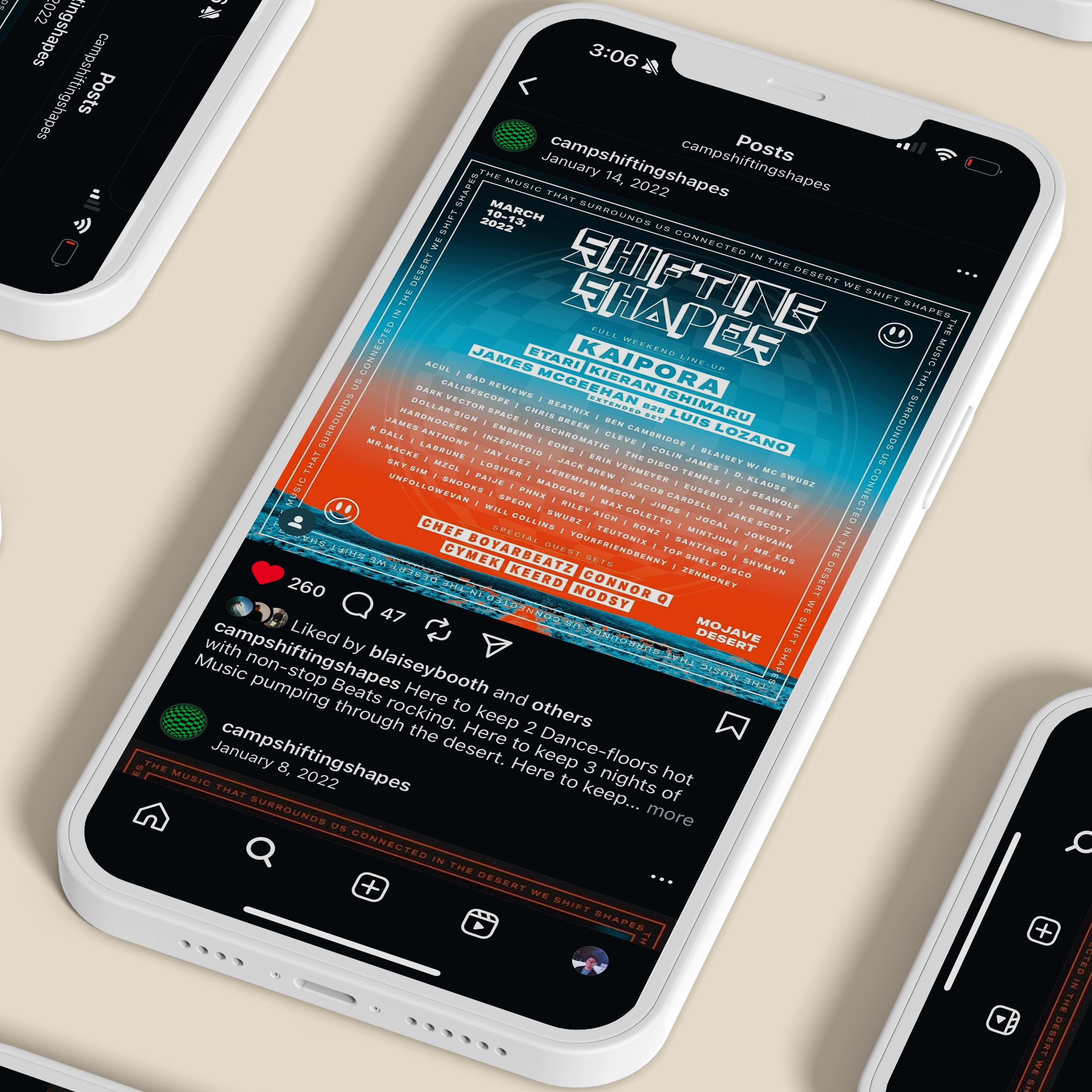 A social media post on a smartphone screen promoting a music event titled "Shifting Shapes" with a lineup of various DJs and special guests, scheduled for January 14, 2022, in the Mojave Desert.