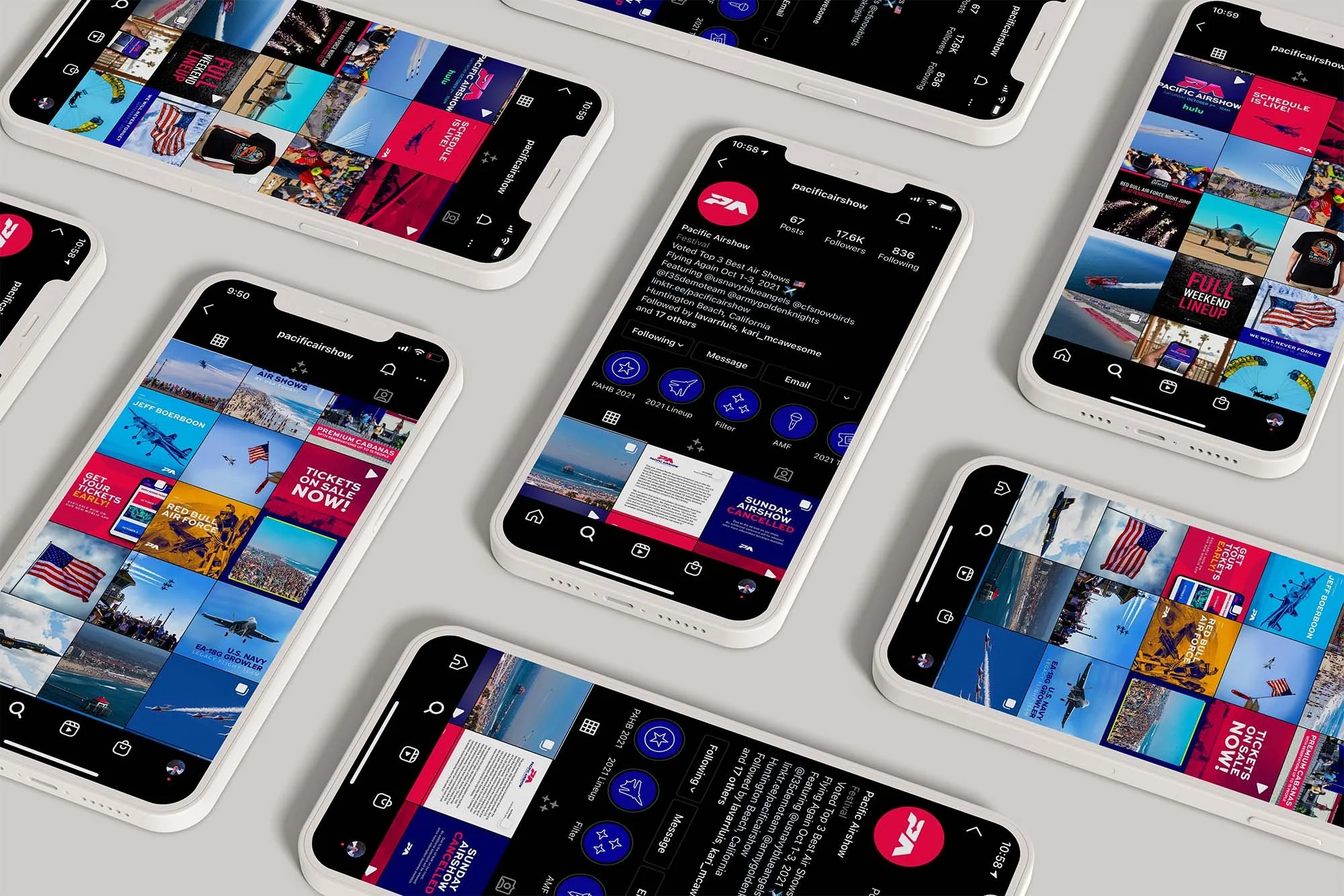 Multiple smartphones displaying Instagram profiles and posts related to an airshow, with images of planes, tickets, and promotional graphics.