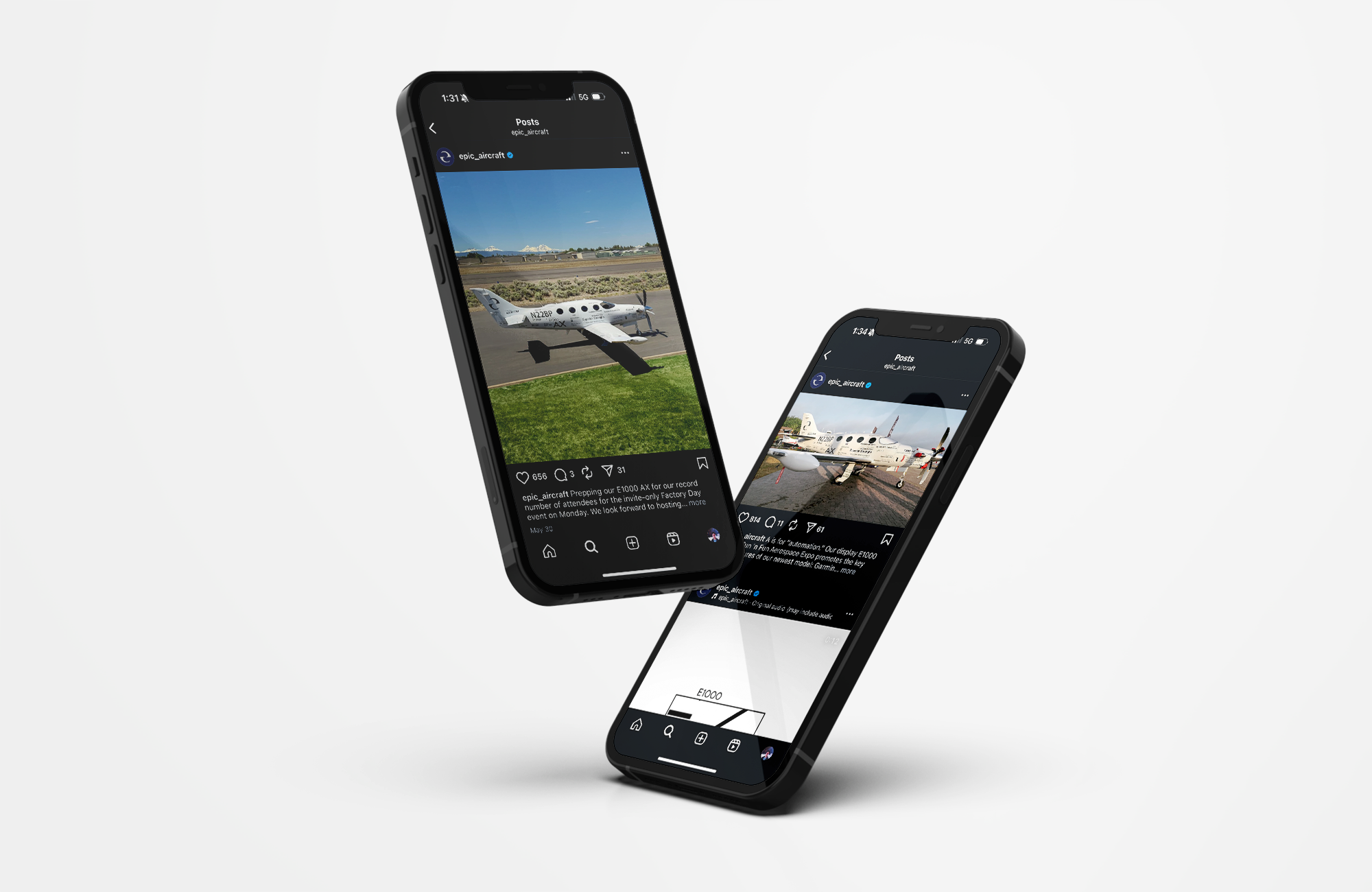 Two smartphones showing Instagram posts of private jets parked on airport tarmacs with a white background.