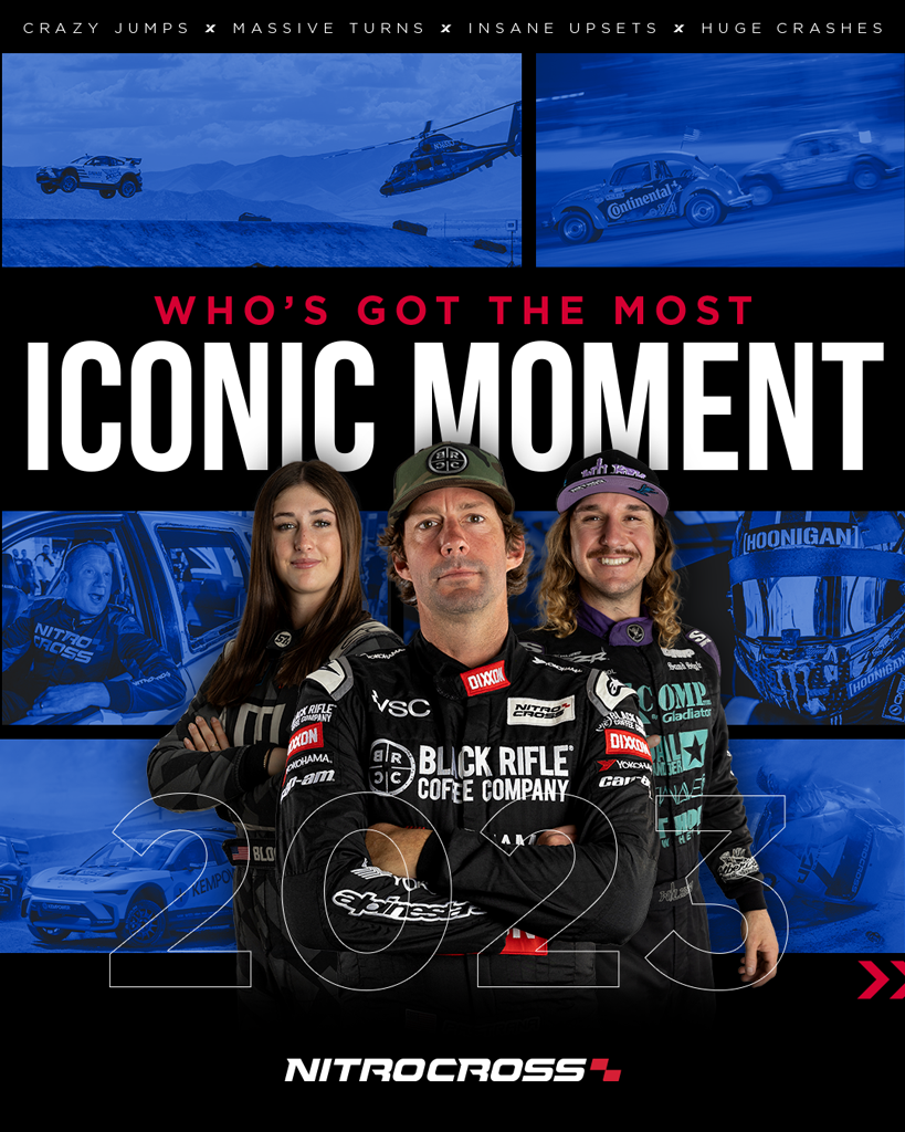 A promotional poster for Nitro Cross featuring three race car drivers and action shots of cars, jumps, flips, and crashes, with bold text asking 'Who's Got the Most Iconic Moment'.