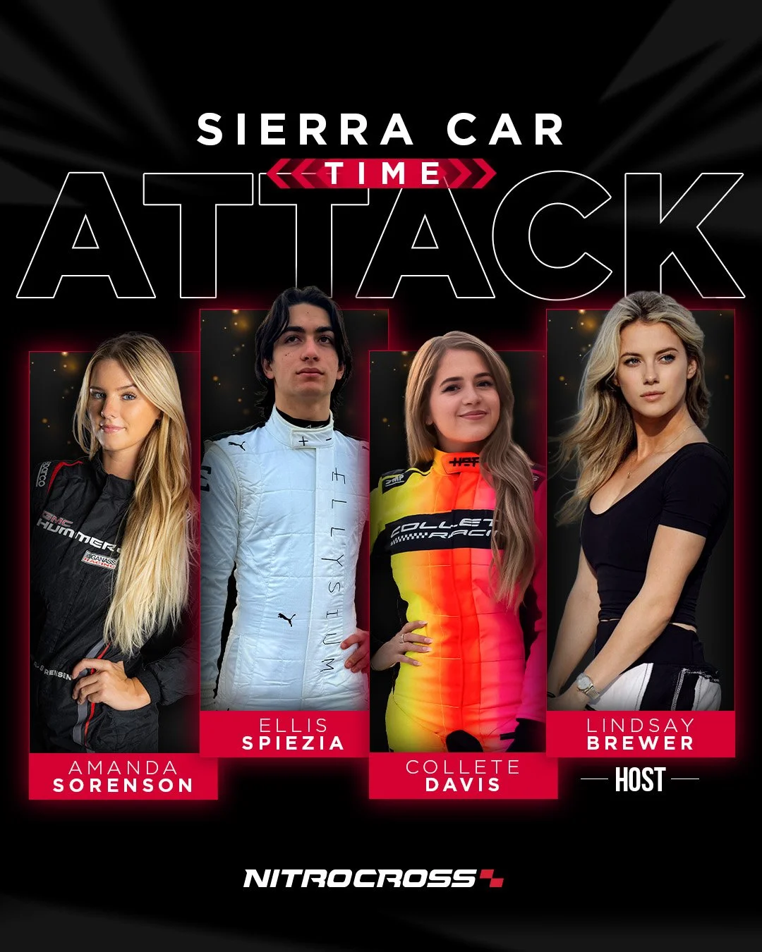 Poster for Sierra Car Attack Time featuring four women and one host, Amanda Sorenson, Ellis Spiezia, Colette Davis, Lindsay Brewer, and a NitroCross logo at the bottom.