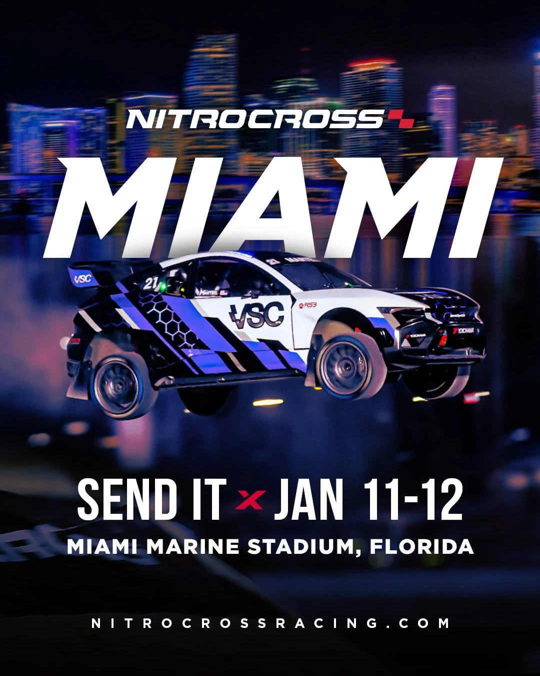 Nighttime promotional poster for NitroCross Miami showing a drifting race car with city skyline in the background, event date January 11-12 at Miami Marine Stadium, Florida.
