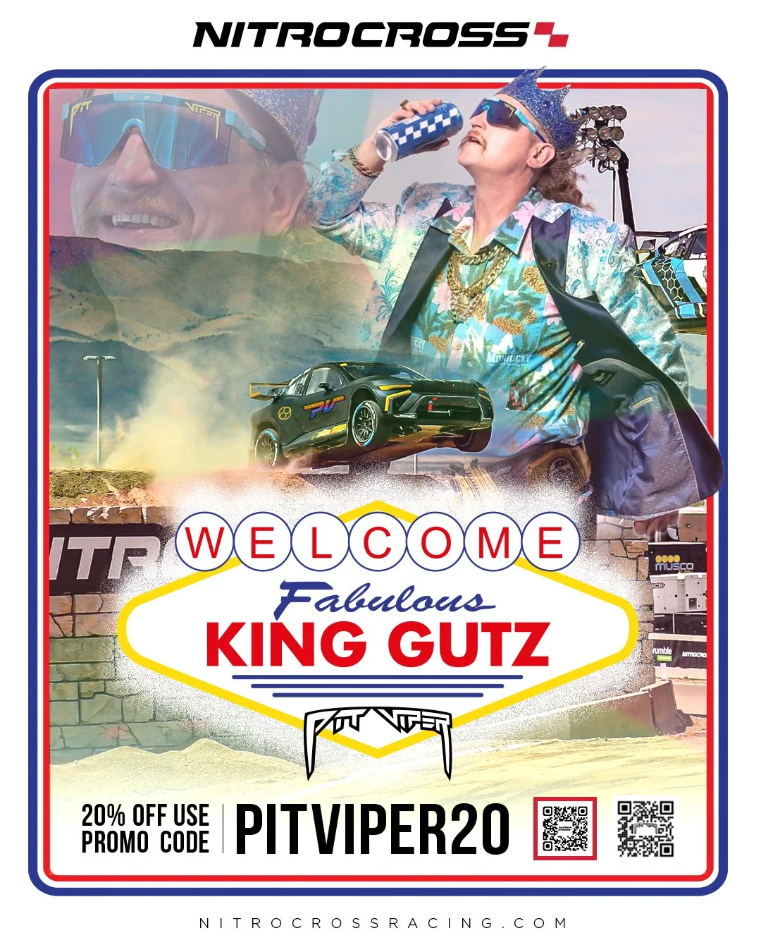 Promotional poster for Nitrocross racing event featuring a woman with a crown drinking from a water bottle, a man with sunglasses, a racing car in mid-air, and various racing elements with the text 'Fabulous King Gutz' and a promo code for discount.