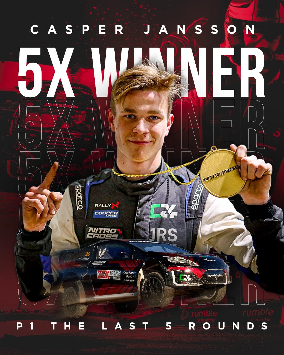 Celebratory racing driver holding a gold medal, standing in front of a rally car, with text indicating he is a five-time winner, showcasing rally racing success.