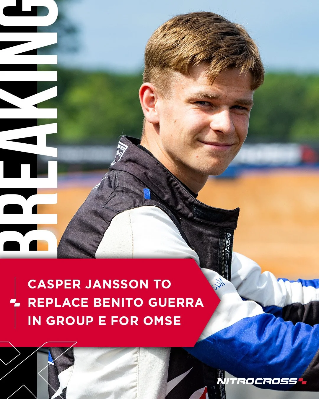 Young man with blond hair smiling in racing gear outdoors, with a blurred sports field in the background. Overlaid text announces Casper Jansson replacing Benito Guerra in group E for OMSE, with NitroCross branding.