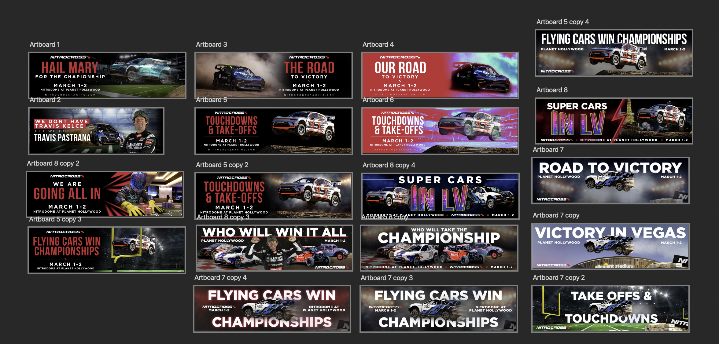Multiple digital banners advertising NitroCross racing event at Planet Hollywood, with race cars, drivers, and slogans like 'Hail Mary,' 'The Road to Victory,' 'Touchdowns & Take-offs,' and 'Flying Cars Win Championships' scheduled for March 1-2.