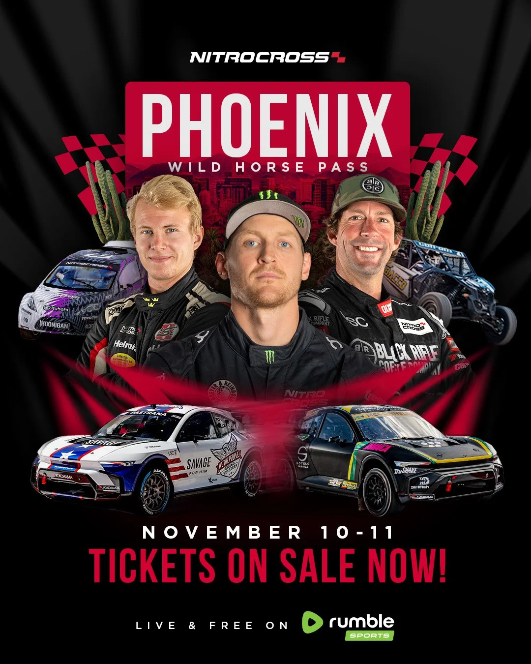 Poster promoting the NitroCross Phoenix Wild Horse Pass event on November 10-11, featuring race car drivers and cars, with tickets available online on Rumble Sports.
