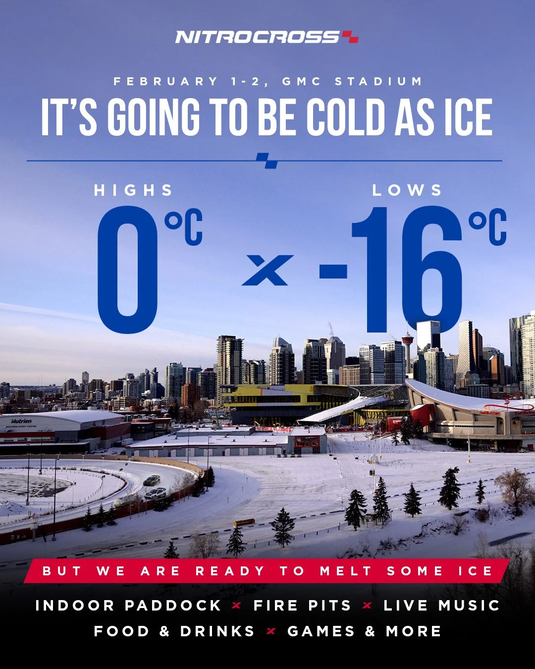 Event poster for NitroCross at GMC Stadium on February 1-2, featuring cold weather with forecasted highs of 0°C and lows of -16°C, with activities like indoor paddock, fire pits, live music, food and drinks, games, and more, over a snowy cityscape ba