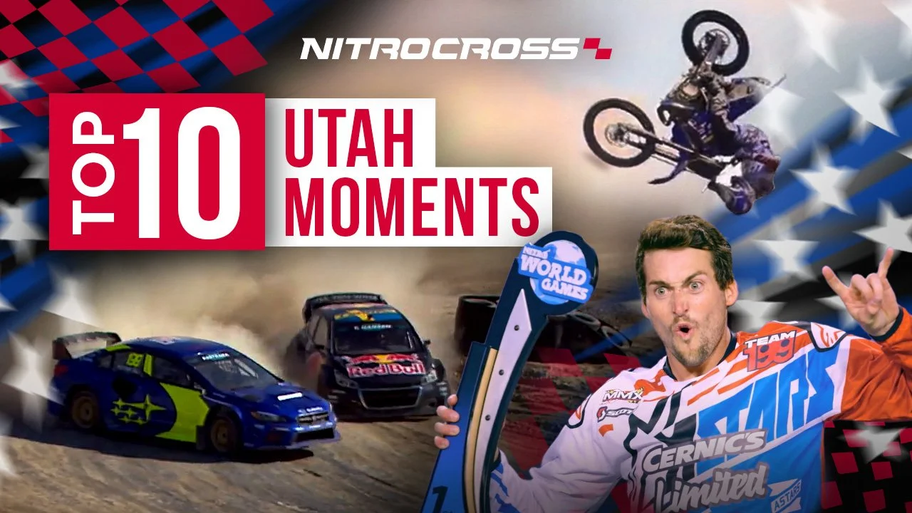Collage of motorsports moments, including rally cars racing on a dirt track, a motocross rider performing a jump, and a racing driver celebrating with a trophy, with the text 'Top 10 Utah Moments' and the NitroCross logo.