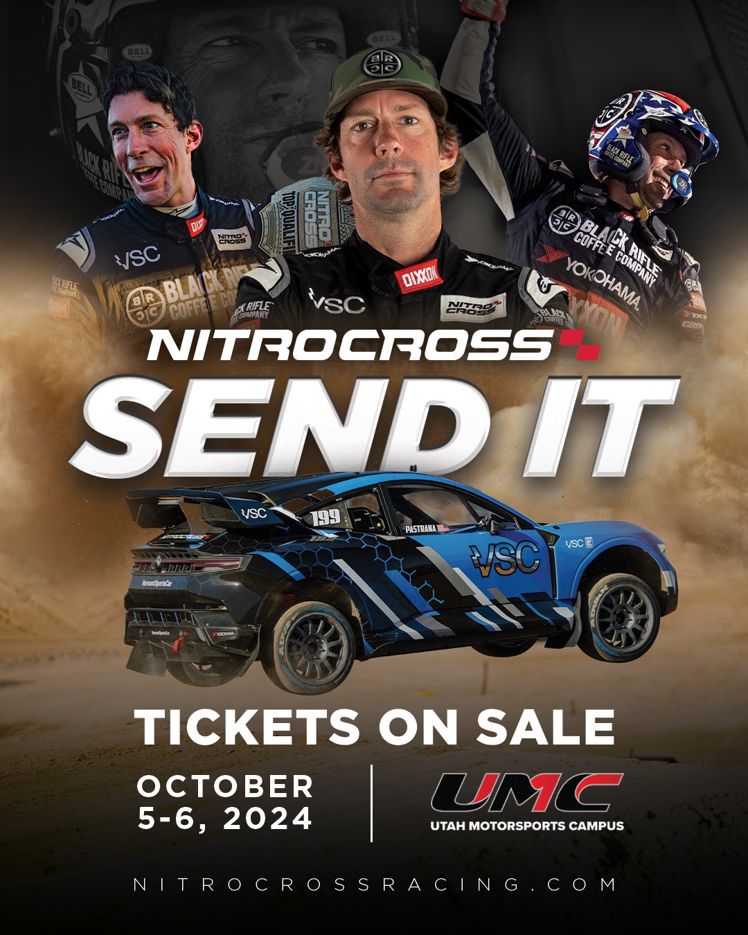 Promo poster for NitroCross racing event with photos of three racing drivers in gear, a blue racing car, and event details including date, location, and website.