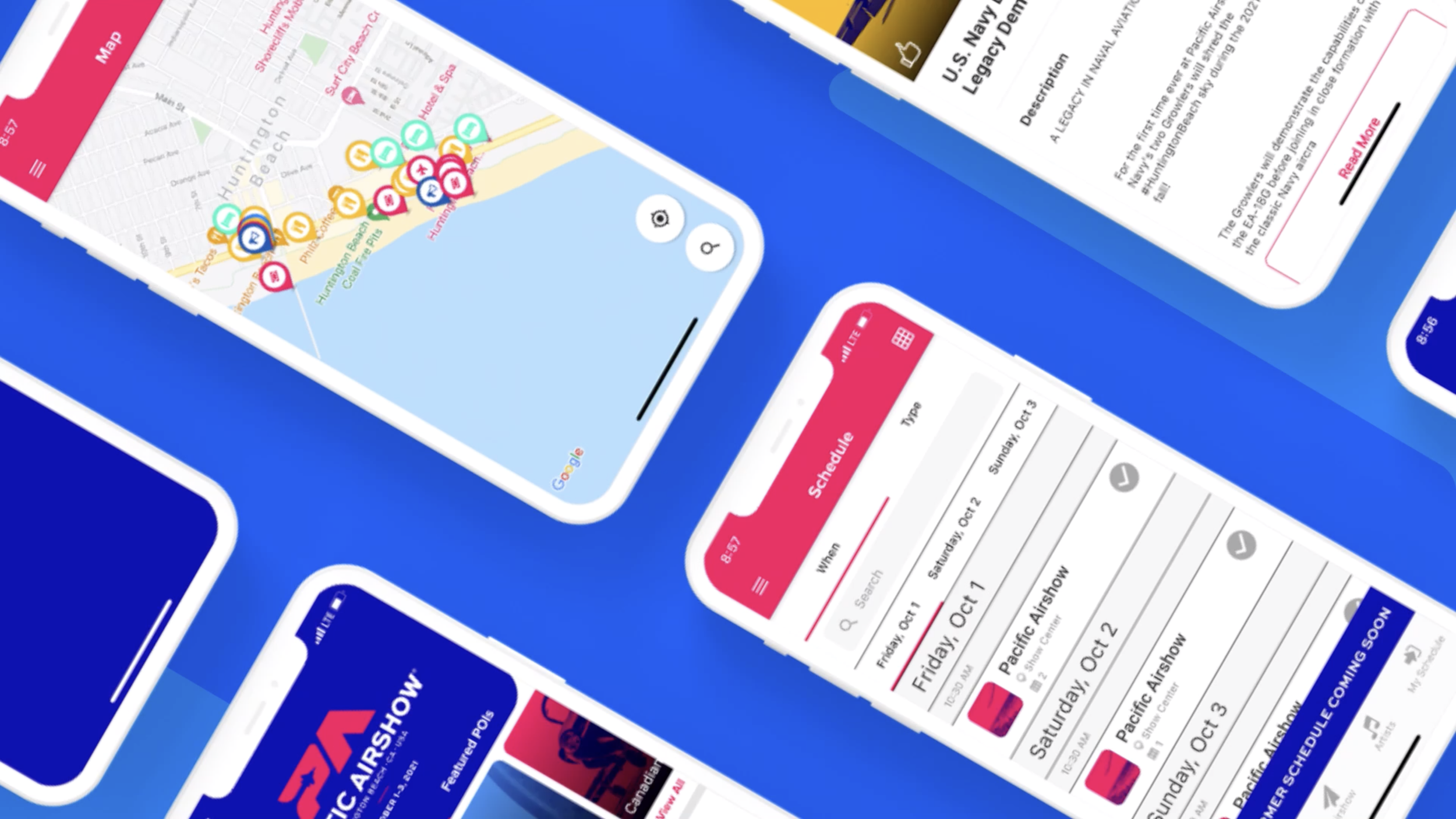 Multiple smartphone screens displaying different app screens, including a map with colored pins, an event schedule for the Pacific Airshow, and a ticket or event description page, all set against a blue background.
