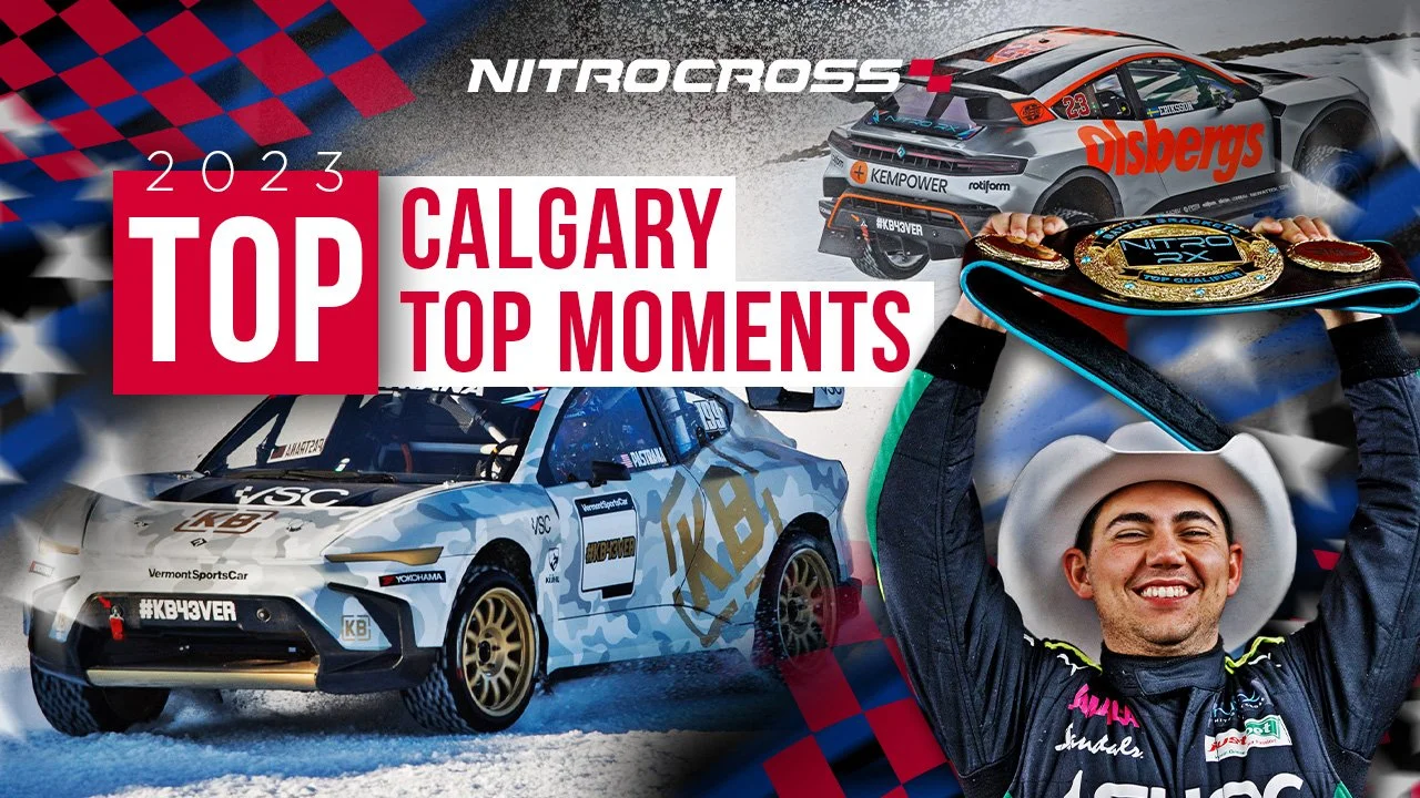 A collage of images featuring rally and racing cars, a smiling man in a cowboy hat holding a large trophy, and bold text reading "2023 Top Calgary Top Moments" with a NitroCross logo.