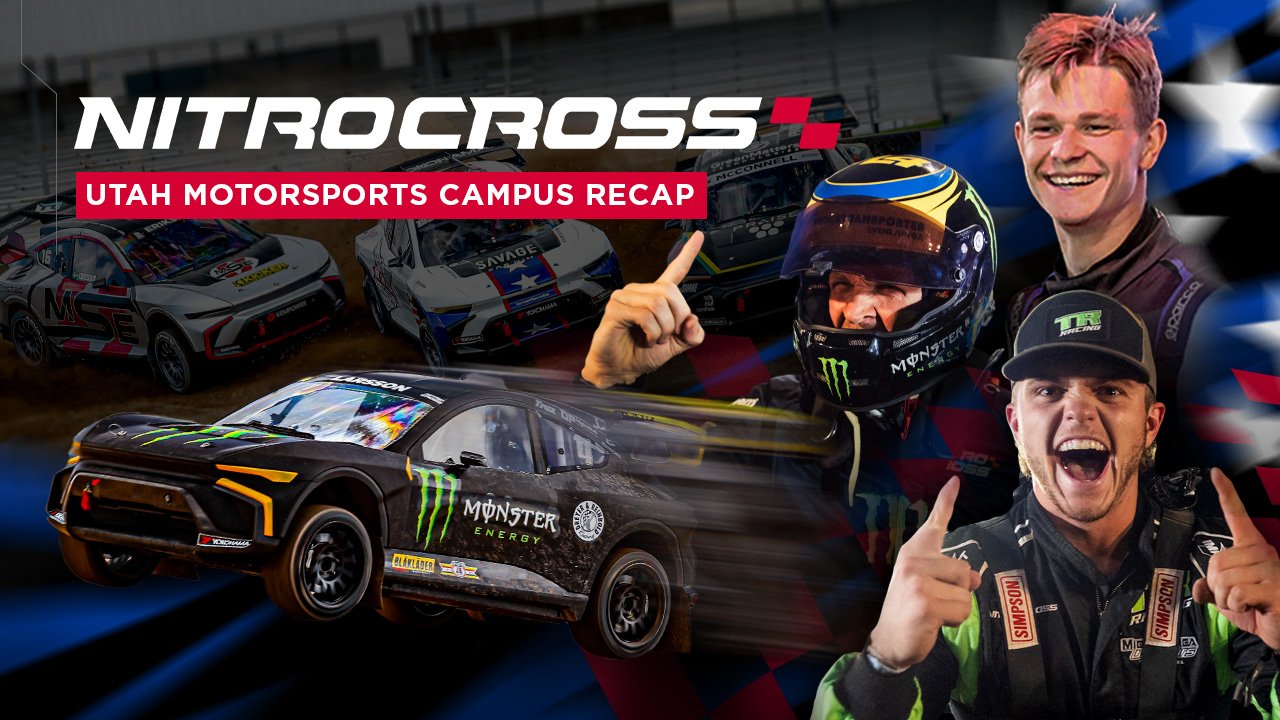 Collage of NASCAR drivers celebrating, racing cars on dirt track, and a new race car with Monster Energy branding, with text 'Nitrocross Utah Motorsports Campus Recap'.