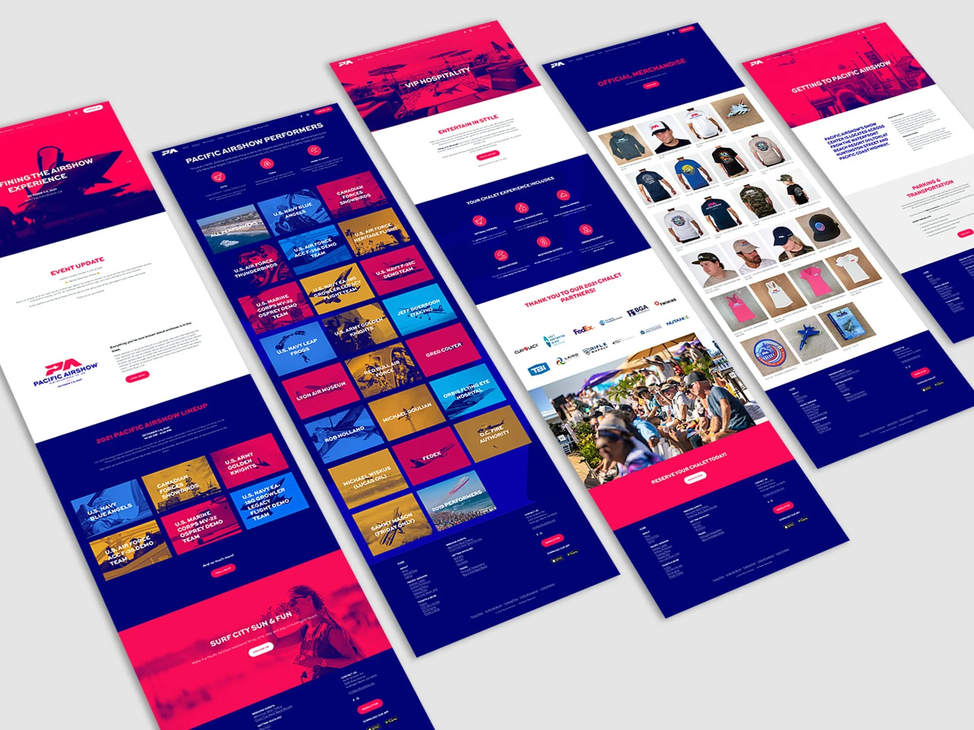 Digital screenshots of a website promoting an airshow, with menus, schedules, merchandise, and event photos in a color scheme of navy blue, pink, and white.
