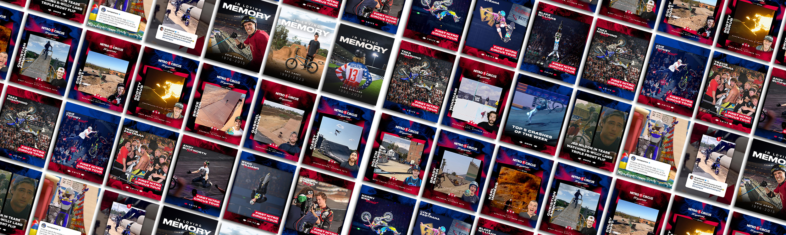 A collage of photos and graphics related to Nitro Circus, featuring action shots of BMX and motocross tricks, riders at shows, promotional posters, and fans including a rider performing a backflip and crowd scenes.