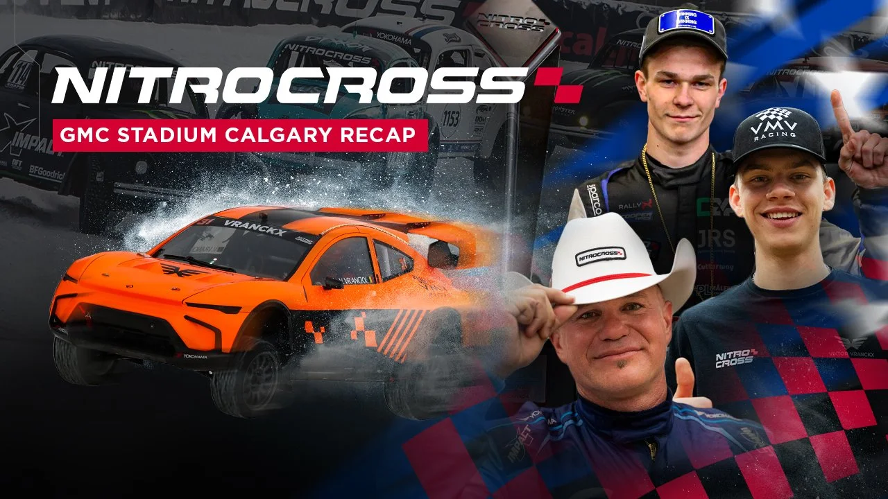A collage featuring an orange Lamborghini race car in action at the GMC Stadium Calgary Recap event, with three smiling race drivers in racing gear and caps, and a background of racing cars with NitroCross branding.