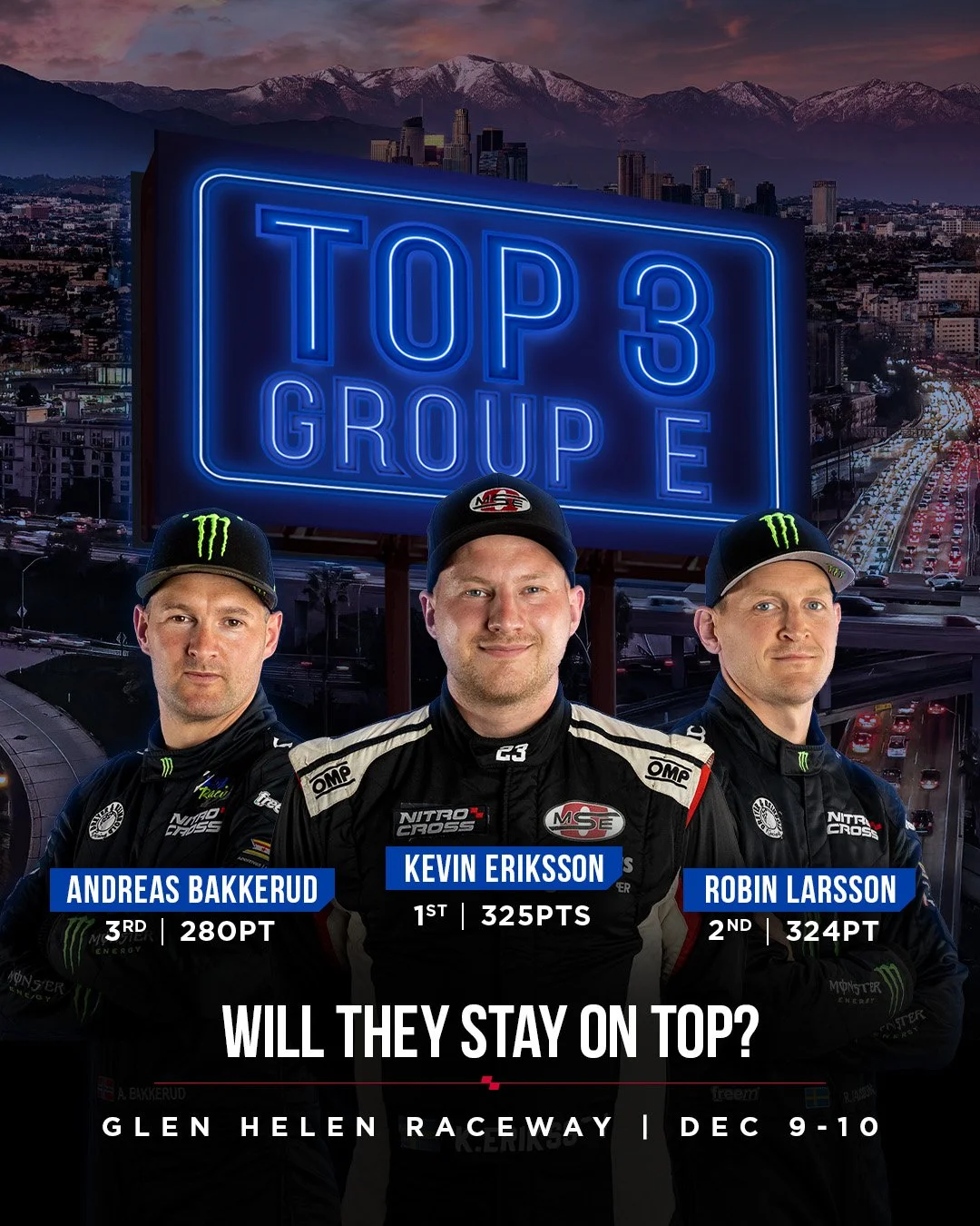 Promotional poster featuring three race car drivers in racing suits and caps standing in front of a cityscape with mountains in the background. A neon sign reads 'TOP 3 GROUP.' The drivers are Andreas Bakkerud in third place with 280 points, Kevin Er