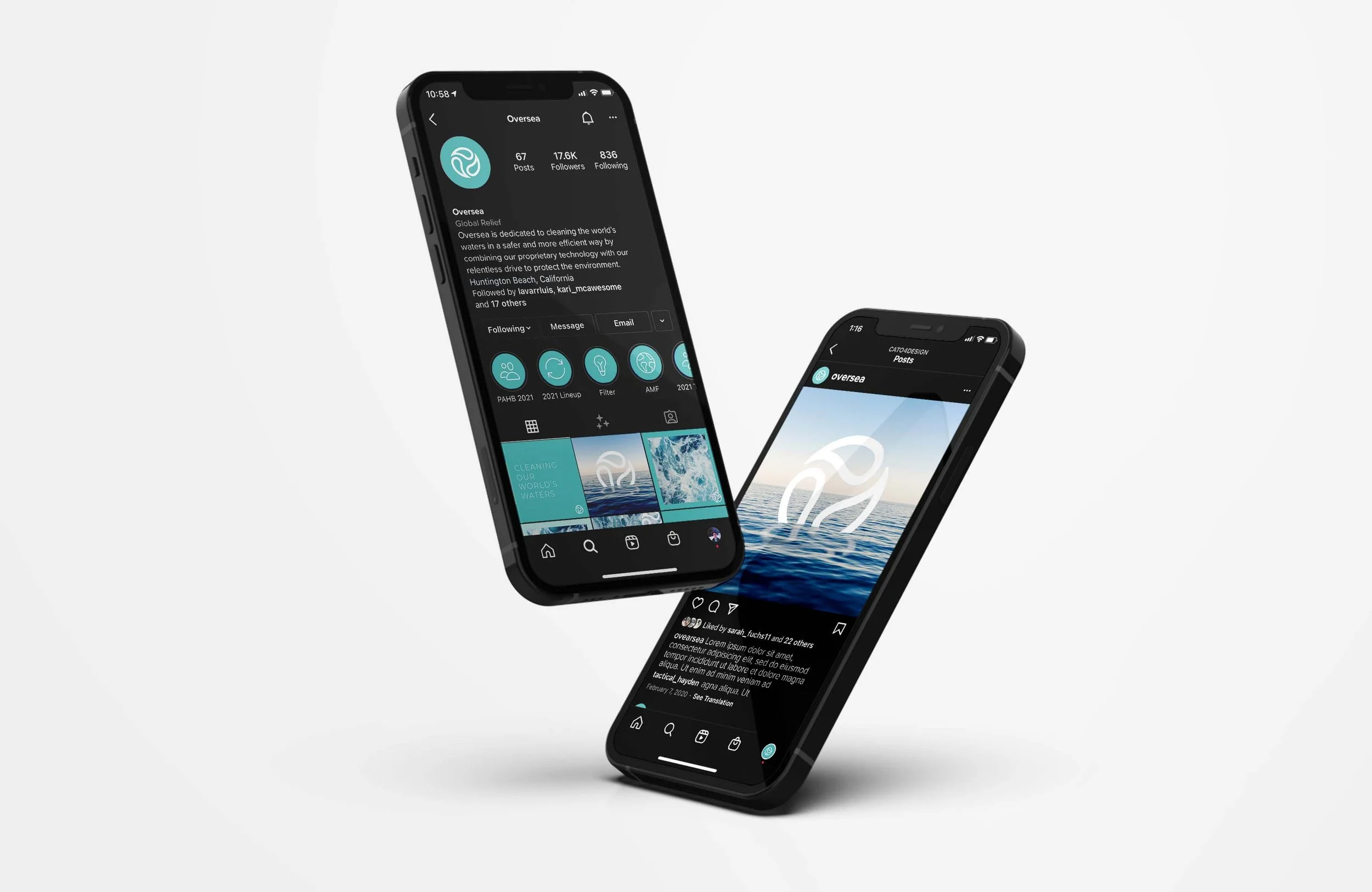 Two smartphones displaying social media profiles for a company called Overseas, with ocean-themed profile images and posts about ocean conservation and water cleaning.