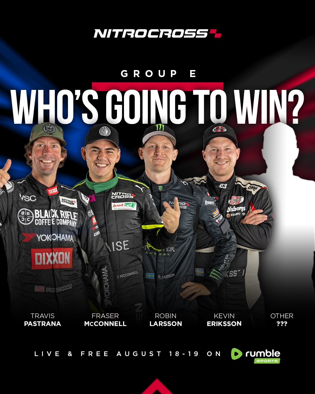 Promotional poster for NitroCross racing event asking 'Who's going to win?' Featuring four race drivers with respective names: Travis Pastrana, Fraser McConnell, Robin Larsson, and Kevin Eriksson, with a silhouette of a person on the far right, and i