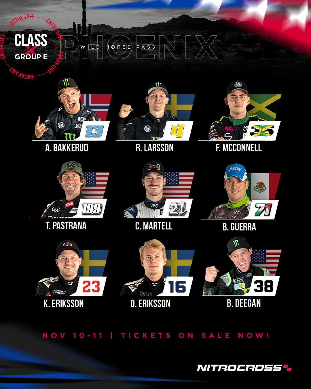 Promo poster for NitroCross racing event featuring nine drivers from different countries, with their names, numbers, and flags, and the event dates of November 10-11.