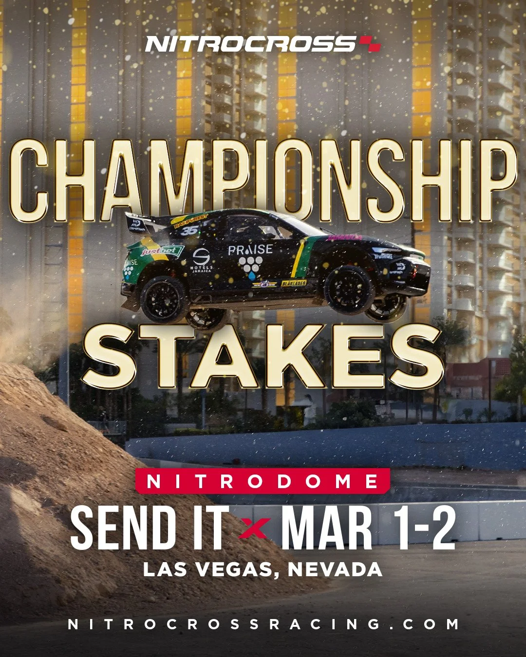 Promotional poster for a NitroCross motocross event featuring a racing car airborne above dirt and a cityscape background with the text 'NitroCross Championship Stakes' and event details.