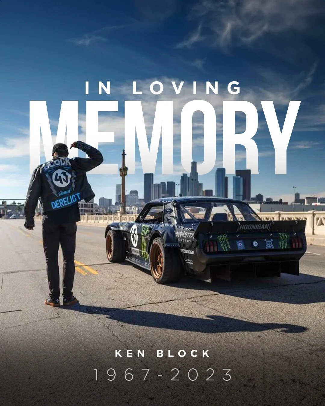 Book cover for 'In Loving Memory' by Ken Block featuring a photo of Ken Block in front of a race car on a city street with a skyline in the background and the years 1967-2023.