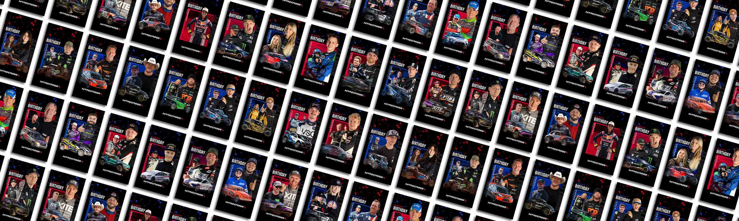 Collage of multiple Nitro Cross racing birthday cards featuring images of race car drivers with their cars, some holding trophies, and birthday greetings.
