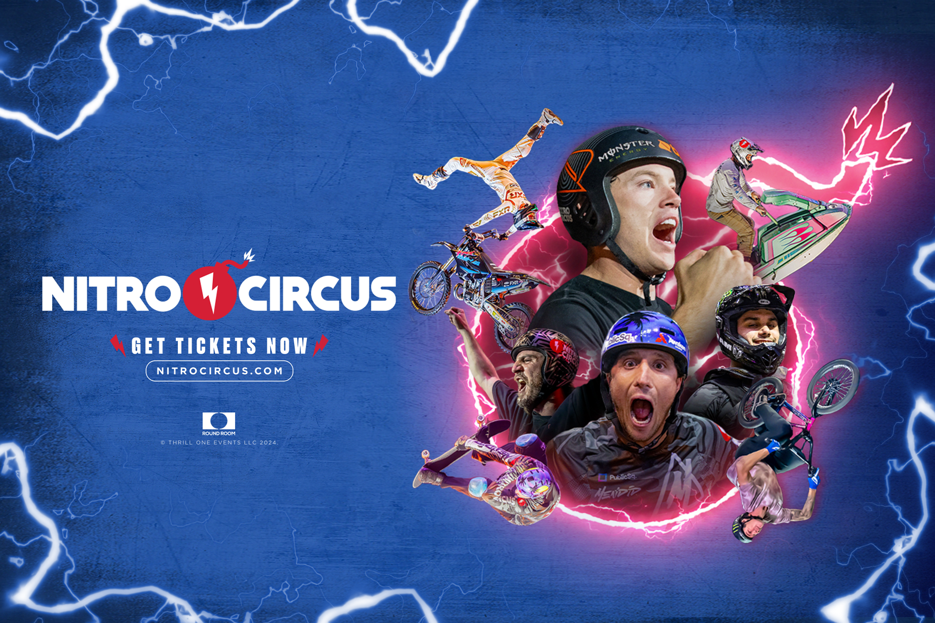 A promotional poster for Nitro Circus featuring multiple action sports athletes and stunt performers, with lightning effects and bold text advertising tickets and website.