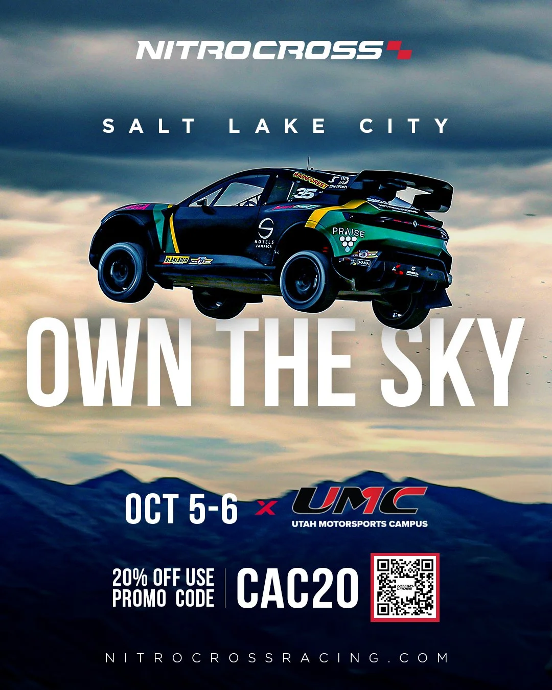 Poster for Nitrocross racing event at Utah Motorsports Campus in Salt Lake City on October 5-6. Features a racing car flying in the sky against a cloudy background with mountains below. Discount code CAC20 and a QR code at the bottom.
