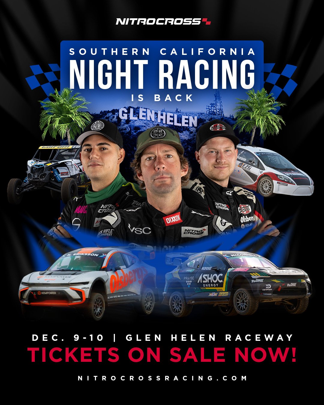 Poster advertising Southern California Night Racing event at Glen Helen Raceway on December 9-10, featuring race cars, racing drivers, and palm trees.