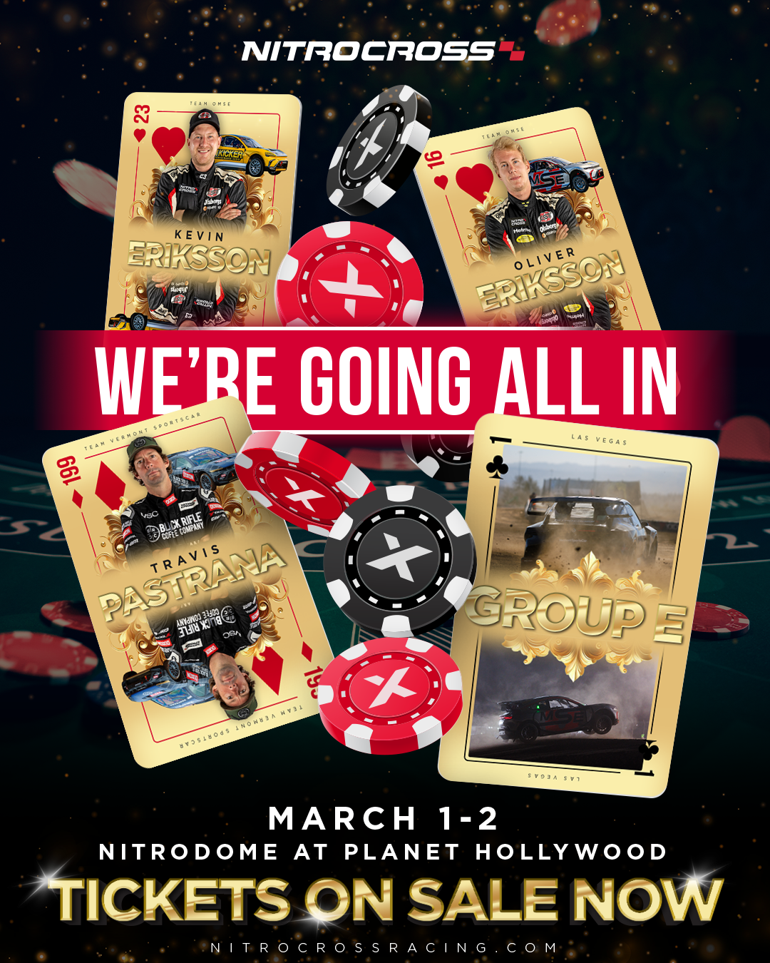 Promotional poster for NitroCross racing event on March 1-2 at Nitrodome, Planet Hollywood, featuring racing cars, playing cards, poker chips, and the phrase 'We're Going All In'.