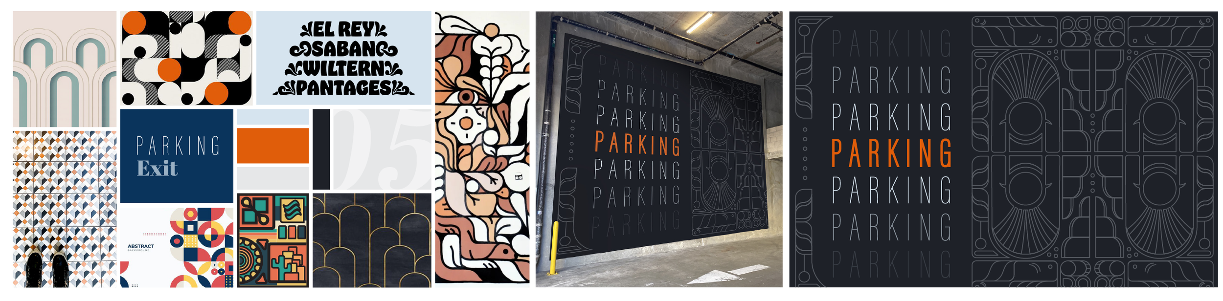 Collage of various parking garage signs and decorative wall patterns, including a black parking sign with white text, and a parking area with black panels that have strings of white and orange text