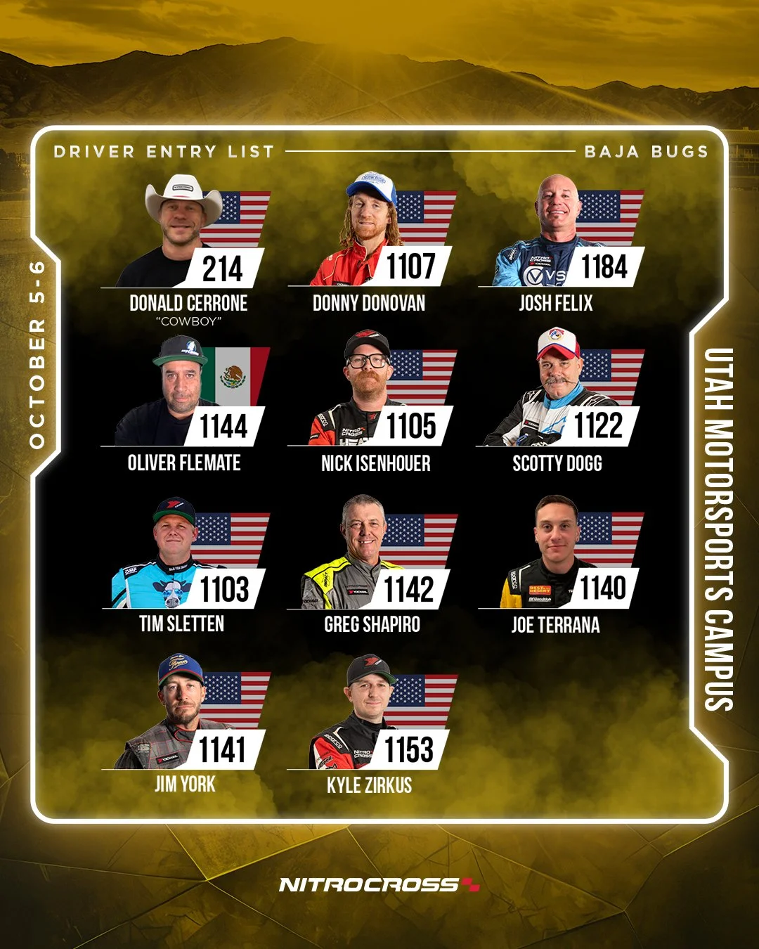 List of Baja Bugs drivers for Utah Motorsports Campus, October 5-6, with names, numbers, and flags of the United States, Mexico, and other countries, set against a mountainous background.