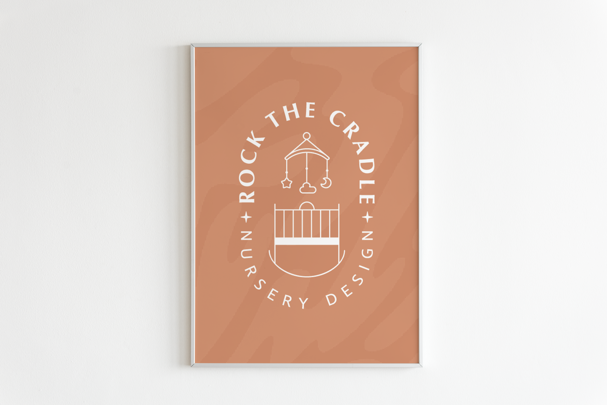 Poster for Rock the Cradle nursery decor featuring a crib, mobile with stars, clouds, moon, and text 'Rock the Cradle' and 'Nursery decor'