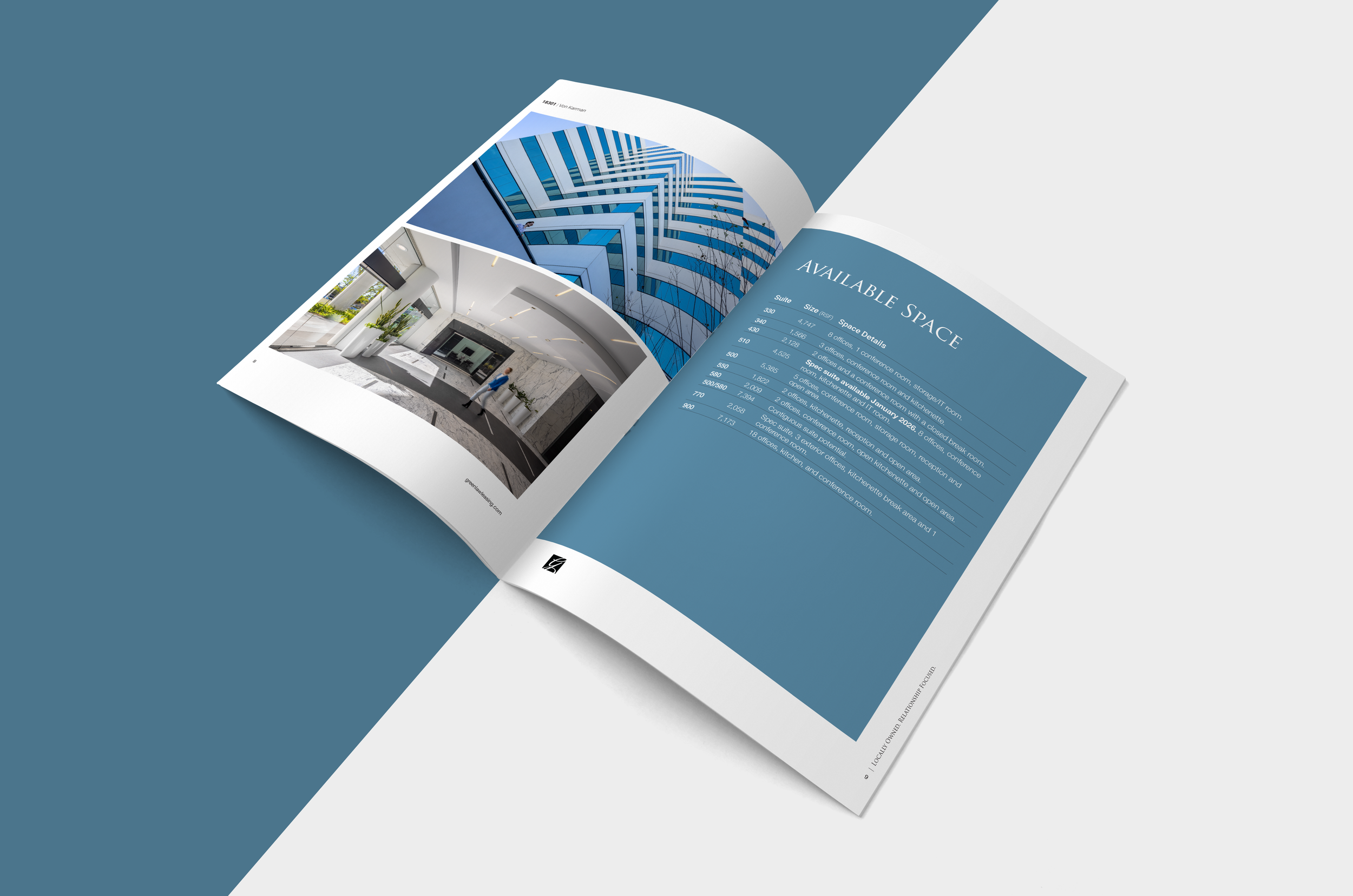 Open brochure showing images of modern building interior and exterior with a blue-themed layout and a table of available office spaces.