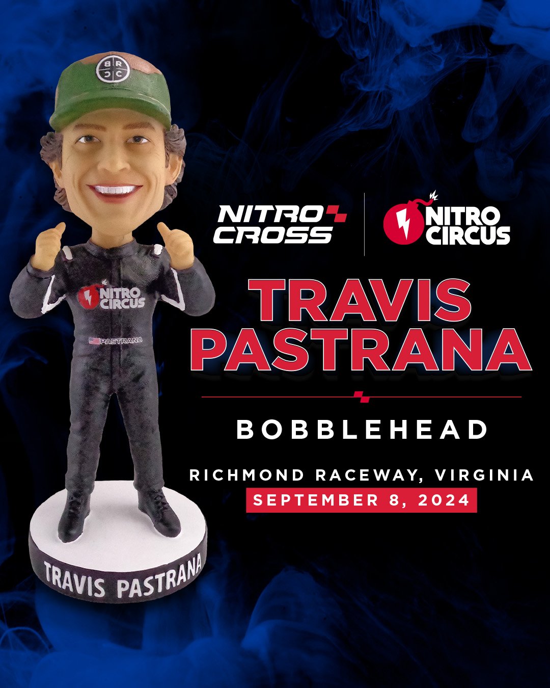 Event poster for Nitro Cross Nitro Circus featuring a bobblehead figure of Travis Pastrana, set for September 8, 2024, at Richmond Raceway, Virginia, with logos of Nitro Cross and Nitro Circus.