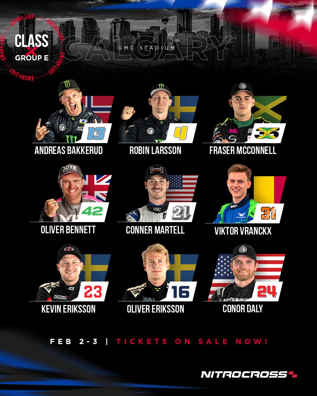 Poster featuring NitroCross racing event with images of nine drivers from various countries, their names, numbers, and flags, scheduled for February 2-3, with tickets on sale.