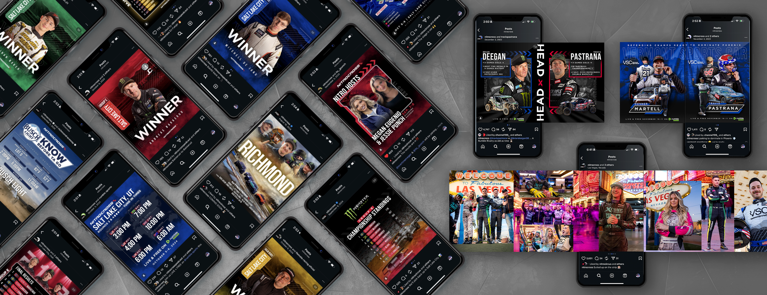 Multiple smartphones displaying social media posts and photos related to racing events, winners, and fans at a motorsport event.