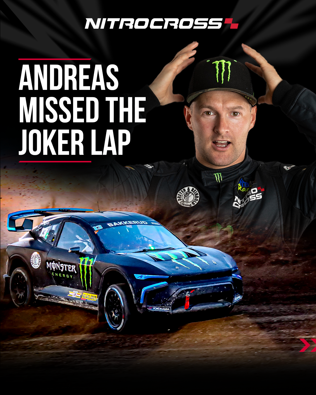 A race car driver in black racing gear and a Monster Energy cap with hands on his head, with a blue off-road race car on dirt track beneath him. Text reads 'Nitrocross' with a checkered flag symbol and 'Andreas missed the joker lap.'