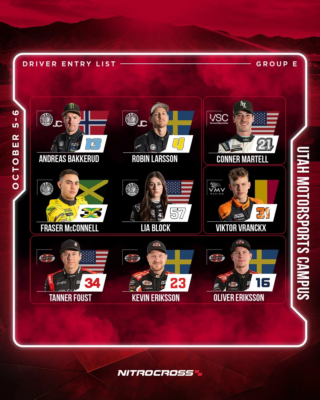 Photo of the Utah Motorsport Sports Campus driver entry list for October 5-6, showing nine drivers with their names, numbers, and flags representing their countries, organized into three rows against a red mountain background.
