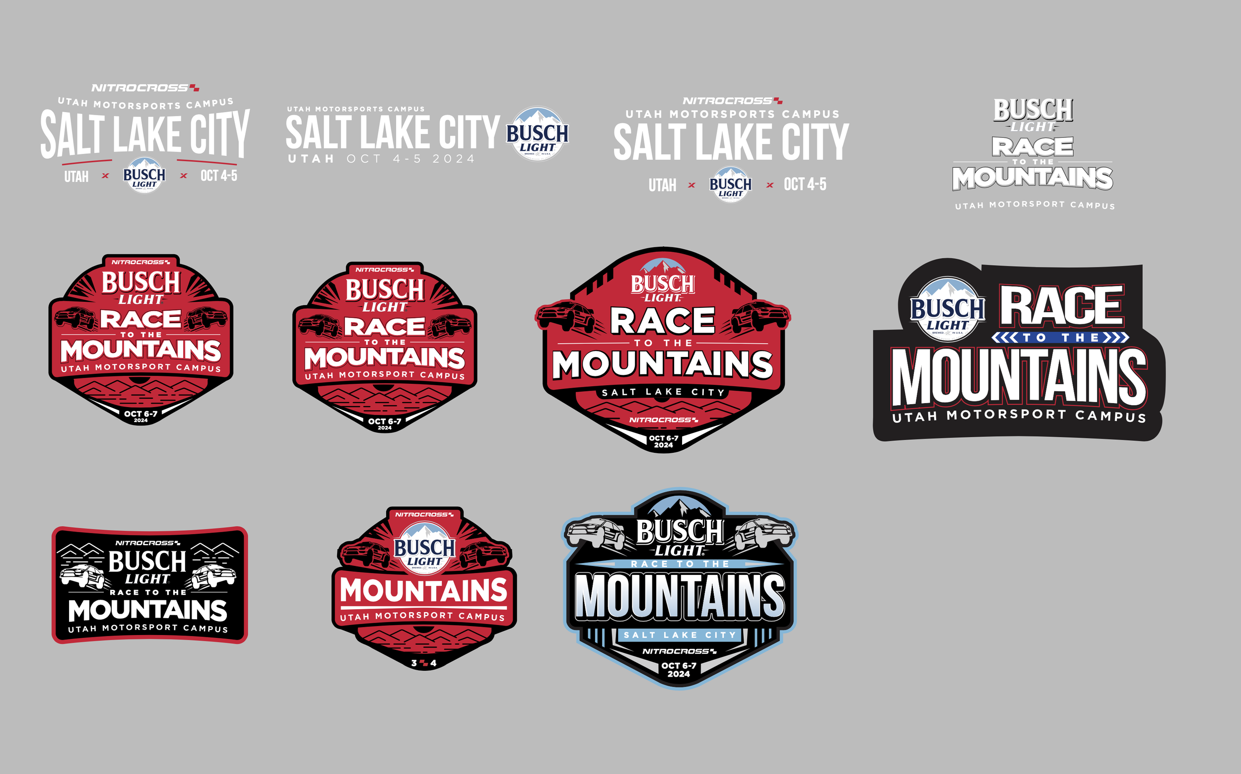 Collection of logos and stickers for the NitroCross race event at Utah Motorsports Campus in Salt Lake City, October 4-7, 2024. The designs feature race cars, mountain graphics, and event details.