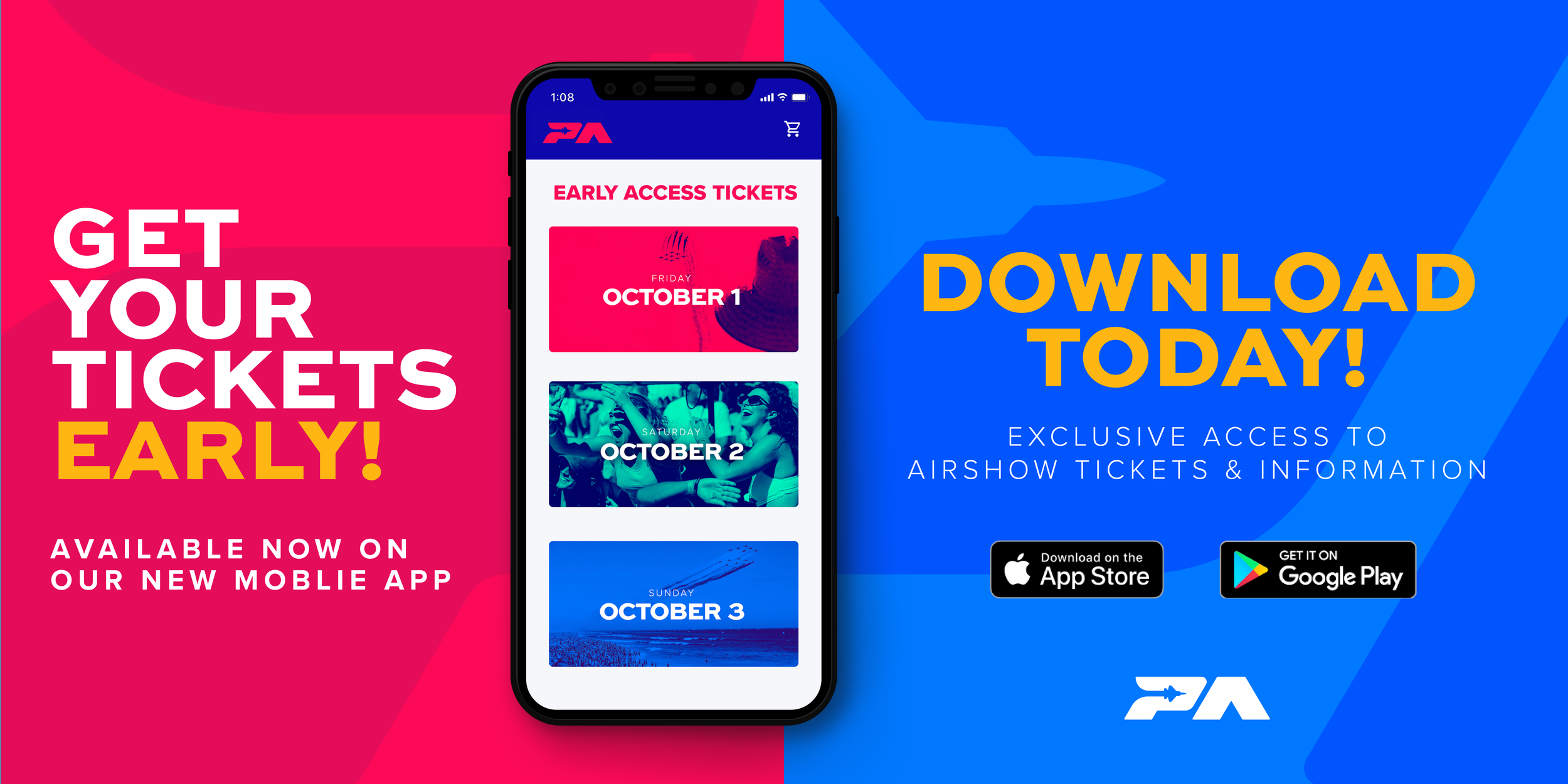 A promotional graphic showing an app for purchasing airshow tickets early, with a smartphone displaying dates October 1, 2, and 3. The background is split into pink and blue sections with bold white and yellow text encouraging downloading the app for exclusive access, featuring App Store and Google Play icons and the airshow logo.