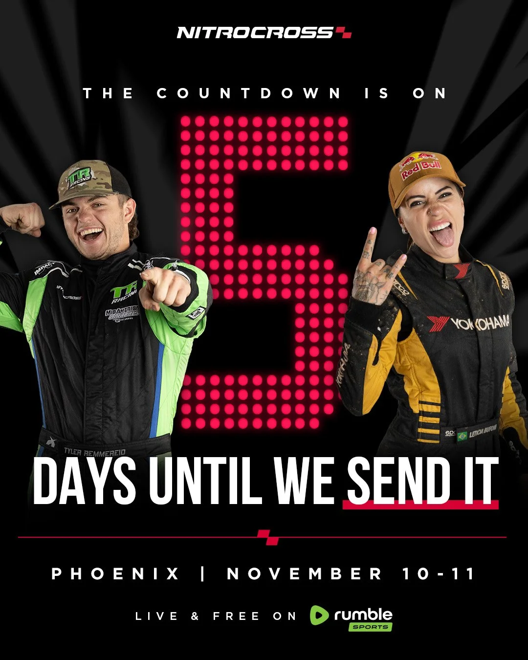 Promotional poster for NitroCross, featuring two race car drivers, a man and a woman, smiling and making gestures. The event is in Phoenix on November 10-11, available live and free on Rumble Sports.