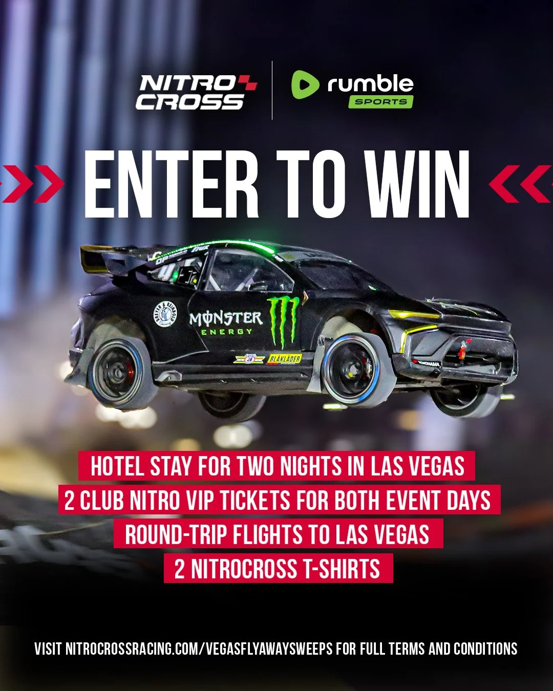 A promotional image for a contest, featuring a black Nitro Cross racing car with Monster Energy branding. The text invites viewers to enter for a chance to win a prize package including hotel stay, VIP tickets, flights, and NitroCross T-shirts.